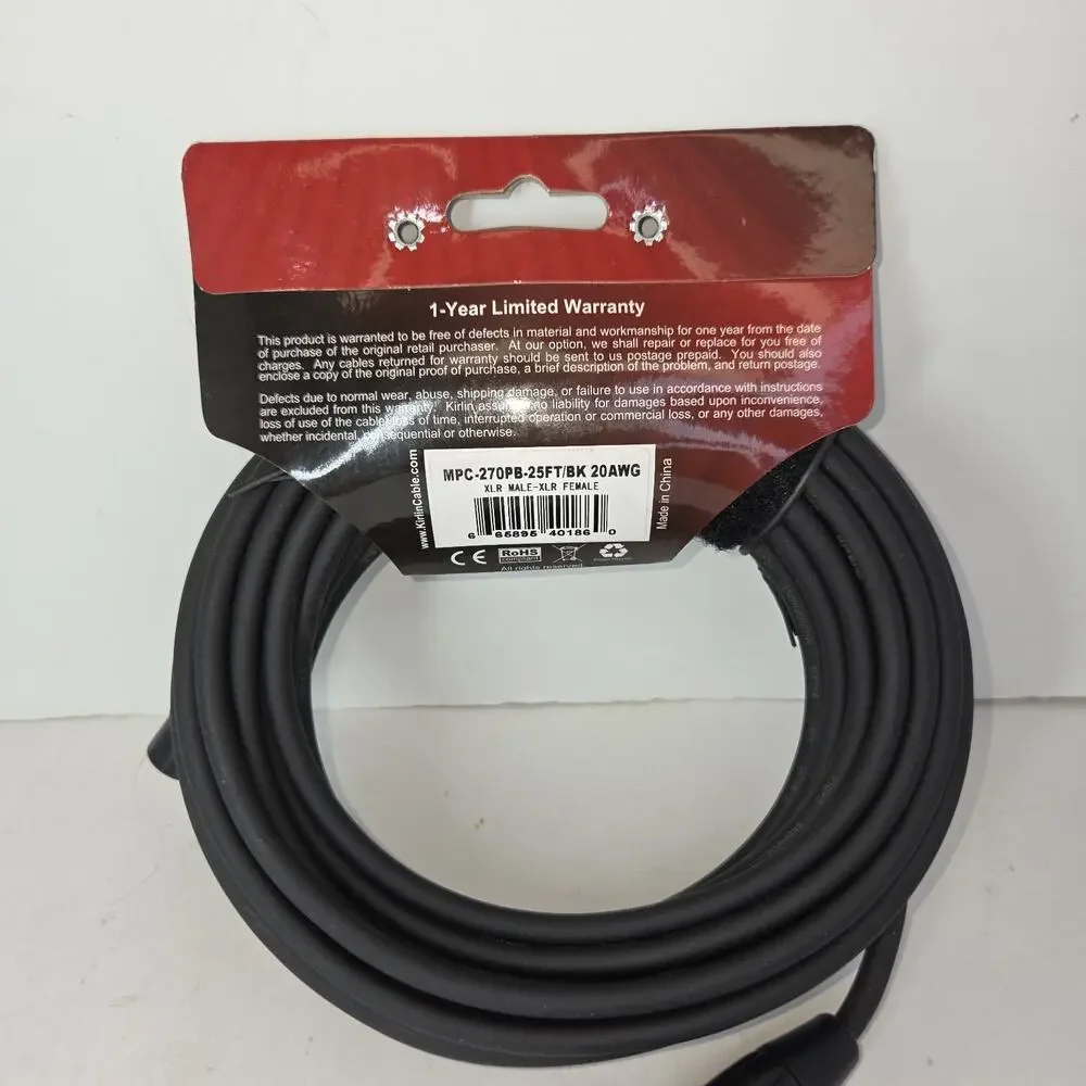 KIRLIN Cable MPC Microphone Cable, XLR, BLACK, 25FT. I2 Music Guitar Concerts